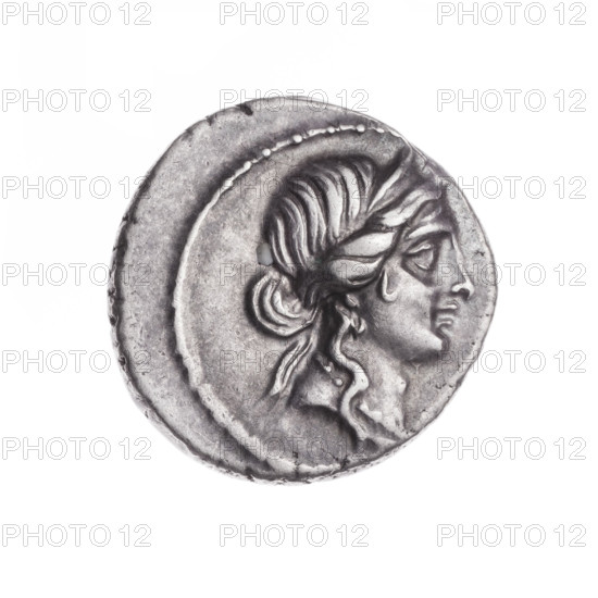 Denarius, Julius Caesar (100–44 BC; Roman dictator 49–44 BC), publisher. Obverse: Head of Venus wearing a diadem at right; pearl border. Reverse: Aeneas walking left carrying his father Anchises and the Palladium; inscription CAESAR; pearl border. 47–46 BC, Roman Republic (505–27 BC); Africa Proconsularis; coin; diameter 17.8 mm; weight 3.74 g; axis 180°.
