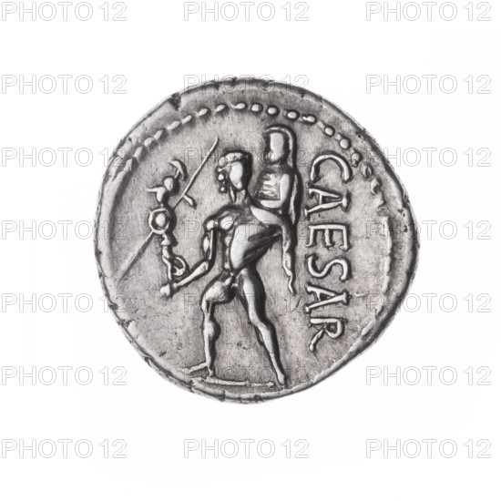 Denarius, Julius Caesar (100–44 BC; Roman dictator 49–44 BC), publisher. Obverse: Head of Venus wearing a diadem at right. Pearl border. Reverse: Aeneas walking left carrying his father Anchises and the Palladium; inscription CAESAR at right. Restitution. 47–46 BC, Roman Republic. Struck in Africa Proconsularis. Coin; diameter 17.8 mm, weight 3.74 g, axis 180°.