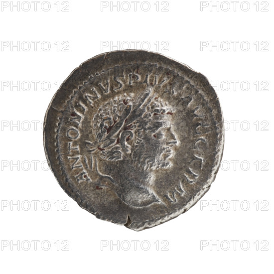 Denarius; Caracalla (188–217; Roman emperor 198–217), issuer. Obverse: ANTONINVS PIVS AVG GERM — Head of Caracalla with laurel wreath facing right, pearl rim. Reverse: PM TRP XVIII COS IIII P P — Naked Sol with a cloak on his left shoulder stands facing slightly right, head turned left, right hand raised, holding a globe in his left, pearl rim. Date: 215. Roman Empire (27 BC–476). Coin: dia. 17.0–18.5 mm; weight 2.74 g.