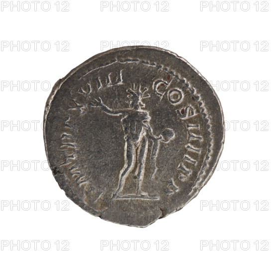 Denarius, Caracalla (reigned 198–217 CE). Obverse: ANTONINVSPIVSAVGGERM — radiate head of Caracalla with laurel wreath facing right, pearl rim. Reverse: PMTRPXVIII COSIIIIPP — naked Sol with a cloak on his left shoulder stands, head turned left, right hand raised, holding a globe in his left, pearl rim. Date: 215 CE. Roman Empire (27 BC–476). Rome. Coin; diameter 17.0–18.5 mm; weight 2.74 g.