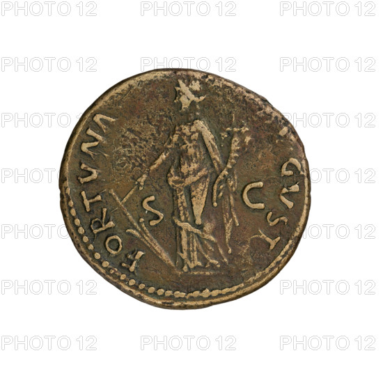 Nerva (30–98; Roman emperor 96–98). Coin depicting Nerva’s head right with laurel wreath. Reverse: Fortuna standing left, holding a rudder in her right hand and a cornucopia in her left; inscriptions: Obv. IMP NERVA CAES AVG PM TR P COS III PP; Rv. FORTVNA, with mintmark SC; 97. Roman Empire; diameter 28.0 mm; weight 10.90 g; axis 180°.
