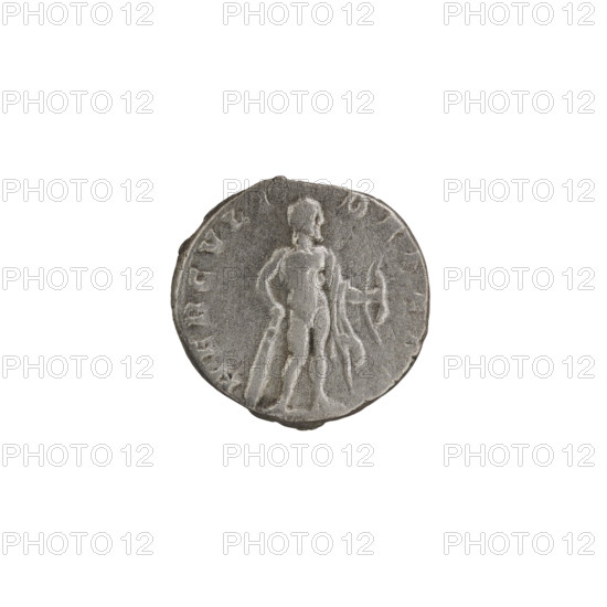 Denarius, Septimius Severus (146–211; Roman emperor 193–211), 196–197. Obverse: Head of Septimius Severus in a laurel wreath to the right, inscription SEV PERT – AVG IMP VIII. Reverse: Hercules stands to the right, leaning on a club with his right hand, holding a bow in his left, lion skin on his left shoulder, inscription HERCVLI – DEFEN. Roman deities; iconography includes clubs, lion skin (attribute), bows (weapons). Roman Empire (27 BC–476), Rome. Coin; diameter 16.5–17.0 mm, weight 2.88 g, axis 180 degrees.