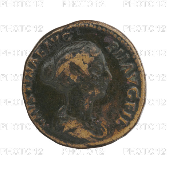 sestertius depicting Faustina the Younger (ca. 130–176; Roman empress 161–176; Augusta 147–161). Obverse: bust of Faustina II draped, facing right, legend FAVSTINAE AVG - PII AVG FIL. Reverse: Venus standing frontally, head turned left, holding an apple in her outstretched right hand and a rudder in her left; a dolphin is wrapped around the rudder, legend V E - NV - S, control letters SC in fields. Roman Empire (27 BC–476), Rome. Coin; diameter 29.5–30.5 mm, weight 24.05 g, axis 345°.