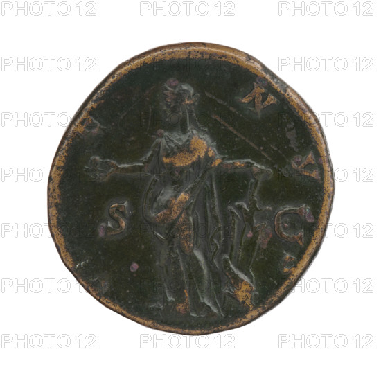 sestertius of Faustina the Younger (ca. 130–176; Roman empress 161–176), dated 147–161. Obverse: bust of Faustina II in drapery facing right, inscription FAVSTINAE AVG - PII AVG FIL. Reverse: Venus stands frontally, turns her head left, holds an apple in her outstretched right hand and a rudder in her left hand around which a dolphin is wrapped, inscription V E - NV - S, control letters SC in the fields. Roman coin; diameter ~29.5–30.5 mm, weight 24.05 g, axis 345°.