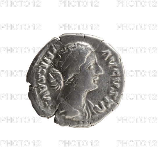 Denarius featuring bust of Faustina the Younger in drapery facing right with inscription FAVSTINA · AVGVSTA; reverse: Ceres veiled, seated on a basket facing left, holding ears of corn in her right hand and a short torch in her left, inscription C · E · RES. Issuer: Marcus Aurelius. Roman Empire, Rome, ca. 161–176. Coin; silver; weight 3.10 g; diameters 17.0–18.5 mm; axis 210°.