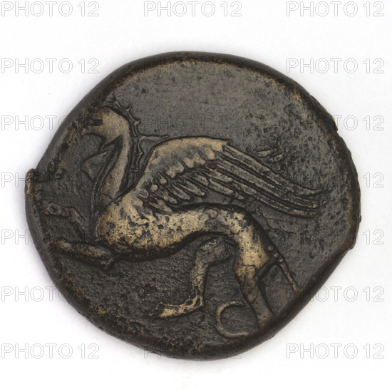bronze coin, Chersonesos, griffins, Kneeling Artemis, Artemis (mythology), Black Sea, Artemis with a bow, obverse: eagle-headed griffin left; reverse: Artemis (Deva) kneeling on her right knee right, bow in her left hand, KPA on the left, XEP cut off; 330–320 BC, Chersonesos (Chersonesos Taurica), coin, diameter 21.7 mm, diameter 23.5 mm, weight 10.45 g, axis 180 degrees
