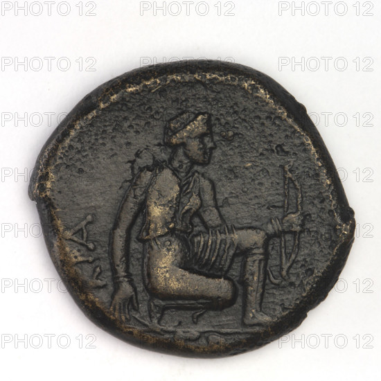 bronze coin, Chersonesos, griffins, Kneeling Artemis, Artemis (mythology), Black Sea, Artemis with a bow, obverse: eagle-headed griffin left; reverse: Artemis (Deva) kneeling on her right knee right, bow in her left hand, KPA on the left, XEP cut off; 330–320 BC, Chersonesos (Chersonesos Taurica), coin, diameter 21.7–23.5 mm, weight 10.45 g, axis 180 degrees