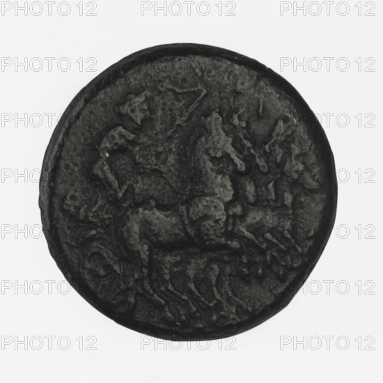 bronze coin, Chersonesos, Artemis on a quadriga (iconographic), warriors, kneeling warrior (iconographic), Artemis (mythological), quadriga (iconographic), Black Sea, carts, torch (attribute), aw: Artemis (Deva) on a quadriga to the right, torch in raised right hand, at the top I, ; rw: naked warrior kneeling to the left, round shield in left hand, spear in right hand horizontally, helmet on head, at the bottom XEP;, 350 - 330 BC, Chersonesos (Chersonesos Taurica), coin, diameter 20.4 mm, diameter 20.2 mm, weight 7.04 g, axis 90 degrees