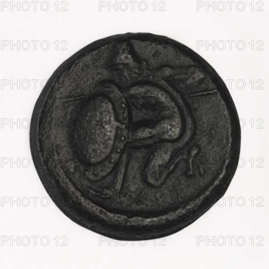 bronze coin, Chersonesos, Artemis on a quadriga (iconographic), warriors, kneeling warrior (iconographic), Artemis (mythological), quadriga (iconographic), Black Sea, carts, torch (attribute), aw: Artemis (Deva) on a quadriga to the right, torch in raised right hand, at the top I, ; rw: naked warrior kneeling to the left, round shield in left hand, spear in right hand horizontally, helmet on head, at the bottom XEP;, 350 - 330 BC, Chersonesos (Chersonesos Taurica), coin, diameter 20.4 mm, diameter 20.2 mm, weight 7.04 g, axis 90 degrees