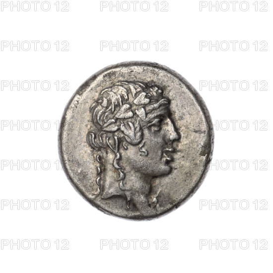 didrachma, Pantikapaion, wreaths, grapes, head of Dionysus (iconographic), monograms, Black Sea Coast, Dionysus (mythology), ivy wreath (iconographic), plants, obv: head of Dionysus in an ivy wreath facing right; obv: ivy wreath, monogram above it, in it an inscription in three rows and a bunch of grapes at the top; 1st quarter of the 1st century BC (95–65 BC according to Frolov 2002 and 1999), Cimmerian Bosporus, Pantikapaion, coin, dia. 20.7 mm, dia. 20.1 mm, weight 8.22 g, axis 0 deg.