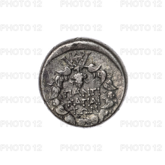 didrachma, Pantikapaion, wreaths, grapes, head of Dionysus (iconographic), monograms, Black Sea Coast, Dionysus (mythology), ivy wreath (iconographic), plants, obv: head of Dionysus in an ivy wreath facing right; obv: ivy wreath, monogram above it, in it an inscription in three rows and a bunch of grapes at the top; 1st quarter of the 1st century BC (95–65 BC according to Frolov 2002 and 1999), Cimmerian Bosporus, Pantikapaion, coin, dia. 20.7 mm, dia. 20.1 mm, weight 8.22 g, axis 0 deg.