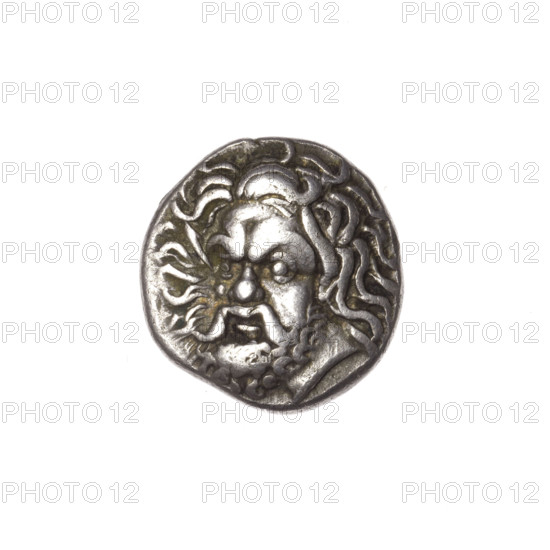 tetrobol, Pantikapaion, bull head, Satyr head, Satyr (mythology), bulls, Black Sea, animals, obv: head of bearded Satyr 3/4 left; obv: bull head left, around the letter; 360–340 BC, Cimmerian Bosporus, Pantikapaion, coin, dia. 15.8 mm, dia. 15.1 mm, weight 3.55 g, axis 330°