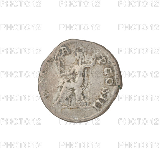 Denarius, Hadrian (76–138; Roman emperor 117–138). Obverse: Bust of Hadrian with laurel wreath facing right; rim inscription IMPCAESARTRAIAN. Reverse: Roma seated left on a chair, wearing a long robe and helmet; in her outstretched right hand she holds a figure of Victoria, in her left hand a vertical spear, with a shield behind her; rim inscription PM TR P COS III. Probably suberate. Date: 119–122, Rome, Roman Empire (27 BC–476). Coin; diameter 16.0–18.0 mm; weight 2.95 g.
