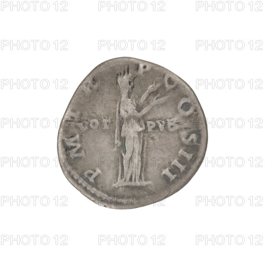 Denarius; Hadrian (76–138; Roman emperor 117–138); obverse: bust of Hadrian facing right with laurel wreath; rim inscription IMPCAESARTRAIAN; depiction includes laurel wreaths, Pietas (personification), busts, hands; Roman Empire (27 BC–476); coin; diameter 18.0 mm; weight 3.02 g