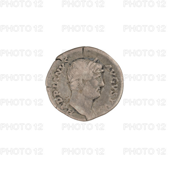 Denarius of Hadrian (reign 117–138). Obverse: head of Hadrian in laurel wreath facing right; rim inscription HADRIANVSAVGVSTVS. Reverse: Spes walking left, holding a flower in her raised right hand and lifting her robe with her left hand; rim inscription COSIII. Date: 125–128. Rome, Roman Empire (27 BC–476). Silver coin, diameter 18.0–19.0 mm, weight 3.17 g.