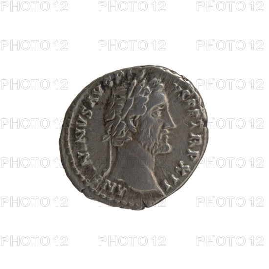 Denarius, Antoninus Pius (86–161; Roman emperor 138–161), issuer: Antoninus Pius. Obverse: Head of Antoninus Pius in a laurel wreath facing right, legend ANTONINVS AVG PI - S PP TR P XII. Reverse: Annona standing left, holding ears of corn above a container (modius) in her right hand, an anchor in her left hand, legend C O S - IIII. Iconography: Annona (personification), ears of corn, modius, anchor, head of the emperor in laurel wreath, personifications. Date: 148–149. Roman Empire, Rome. Coin; weight 3.17 g; diameter 18.0–19.0 mm; axis 0°.