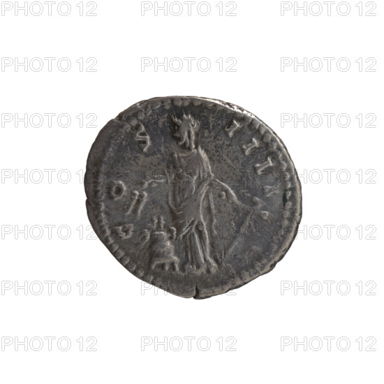 Denarius, Antoninus Pius (86–161; Roman emperor 138–161), issuer: obverse — head of Antoninus Pius in a laurel wreath facing right, inscription ANTONINVS AVG PI - S PP TR P XII; reverse — Annona standing left, holding ears of corn above a container (modius) in her right hand and an anchor in her left, inscription C O S - IIII; iconography: Annona (personification), ears of corn, modius, anchors, head of the emperor in a laurel wreath, personifications; date: 148–149; Roman Empire (27 BC–476); Rome; coin; weight 3.17 g; diameters 18.0–19.0 mm; axis 0°.