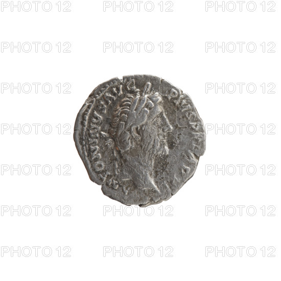 Denarius of Antoninus Pius (86–161; Roman emperor 138–161). Obverse: head of the emperor in a laurel wreath facing right, inscription ANTONINVS AVG - PIVS PP, P XI circumferential. Reverse: Salus standing left in front of an altar, holding a patera above the altar around which a snake coils, and holding a rudder on a globe in her left hand, inscription C - OS - IIII circumferential. Bronze/metal coin, 147–148 CE, Roman Empire (27 BCE–476 CE), Rome. Diameter ~18.0–18.5 mm, weight 2.95 g, axis 180°.