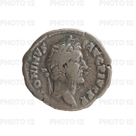Denarius of Antoninus Pius (86–161; Roman Emperor 138–161). Obverse: head of Antoninus Pius in a laurel wreath facing right, inscription TONINVS · AVG · PIVS · PP. Reverse: two hands clasped together holding a winged caduceus and ears of corn (hands joined on a caduceus and ears of corn), inscriptions CO · S · · II. Date: 145–161. Roman Empire, Rome. Coin; silver. Diameter 16.5–18.0 mm; weight 3.05 g; axis 180°.