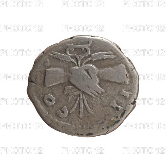 Denarius of Antoninus Pius (86–161; Roman Emperor 138–161). Obverse: Head of Antoninus Pius in a laurel wreath facing right, inscription TONINVS • AVG PIVS • PP. Reverse: Two hands clasped together holding a winged caduceus and ears of corn, inscription CO•S•-•II around; iconography includes hands joined on a caduceus and ears of corn. Date: 145–161. Culture/place: Roman Empire, Rome. Material: coin. Weight: 3.05 g. Diameter: 16.5–18.0 mm. Axis: 180°.