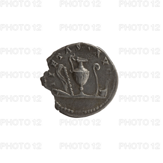 Denarius, Marcus Aurelius (121–180; Roman emperor 161–180), (caesar 139–161), issuer: Antoninus Pius (86–161; Roman emperor 138–161). Obverse: Head of young Marcus Aurelius without a cap to the right, inscription AVRELIVS C, AR - AVG PII F COS circumferentially. Reverse: Sacred utensils from the left — knife (secespita), sprinkler (aspergillum), jug (capis), crosier (lituus) and dipper (simpulum); inscription IETAS AV circumferentially. Date: 140–144. Place: Rome, Roman Empire. Medium: Coin (denarius). Weight: 2.75 g. Diameter: ~18.0–18.5 mm. Axis: 180°.