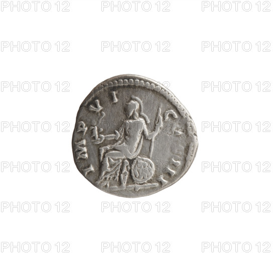 Denarius of Marcus Aurelius (121–180; Roman emperor 161–180), c. 171–172. Obverse: Head of Marcus Aurelius in a laurel wreath to the right, legend M ANTONINVS - AVG TR P XXVI. Reverse: Roma seated on a shield decorated with the head of Medusa (gorgoneion) facing left; in her outstretched right hand she holds Victory (Victoria), in her left a spear; legend IMP VI - C, III. Personifications and attributes: Roma, Victoria, spears, gorgoneion, shields. Roman Empire; Rome. Coin; weight 3.40 g; diameters 16.5–18.0 mm; axis 180°.