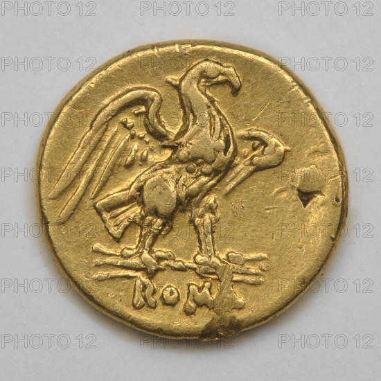 60 aces coin; obverse: head of Mars in a Corinthian helmet facing right; below the value sign an arrow and X; pearl border. Reverse: eagle standing on a thunderbolt facing right; below the inscription ROM. Inscription/date: 211 BC. Roman Republic (505–27 BC), Rome. Materials/measurements: coin, diameter 14.8 mm, weight 3.30 g, axis 180 degrees. Subjects/motifs: Mars (mythology), eagles, thunderbolts, helmets, Corinthian helmet. Publisher, eagle on a thunderbolt.