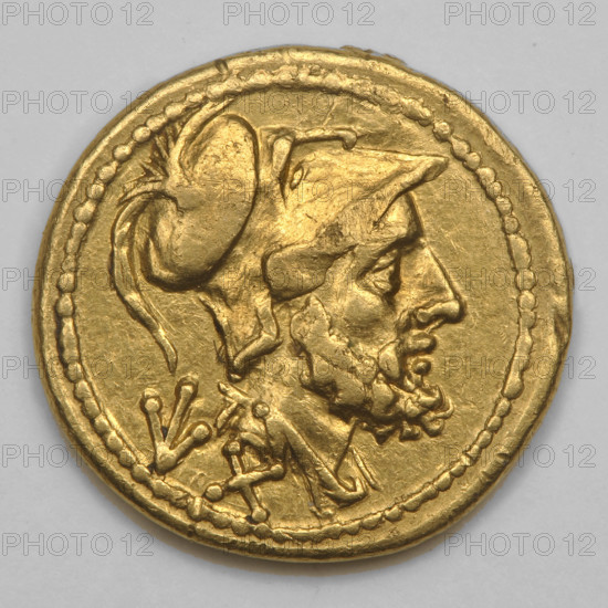60 aces coin; obverse: head of Mars in a Corinthian helmet facing right; below the value sign an arrow and X; pearl border. Reverse: eagle standing on a thunderbolt facing right; below the inscription ROM. Date: 211 BC; culture: Roman Republic (505–27 BC); place: Rome. Diameter 14.8 mm; weight 3.30 g; axis 180 degrees. Subjects/motifs: Mars (mythology), eagles, thunderbolts, helmets, Corinthian helmet.