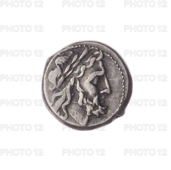 Victoria crowning a trophy (iconographic); Jupiter (mythological); head of Jupiter (iconographic); laurel wreath (attribute); Victoria (personification); trophies. Obverse: Head of Jupiter in a laurel wreath to the right. Pearl border. Reverse: Victoria crowning a trophy turned to the right; inscription ROMA under the line. Continuous border. 211 BC, Roman Republic (505–27 BC), Rome. Coin. Diameter 16.0 mm; weight 3.48 g; axis 45 degrees.