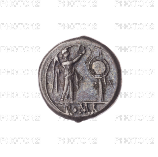Victoria crowning a trophy (iconographic); Jupiter (mythological); head of Jupiter (iconographic); laurel wreath (attribute); Victoria (personification); trophies. Obverse: head of Jupiter in a laurel wreath facing right; pearl border. Reverse: Victoria crowning a trophy turned right; inscription ROMA under the line; continuous border. Date: 211 BC, Roman Republic (505–27 BC), Rome. Coin; diameter 16.0 mm; weight 3.48 g; axis 45 degrees.