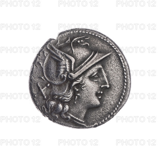 Denarius; obverse: head of Roma wearing helmet facing right, sign of value X behind; beaded border. Reverse: the Dioscuri galloping right on horseback, inscription ROMA in the field; continuous border. After 211 BC. Roman Republic (505–27 BC). Rome. Coin. Diameter 19.5 mm, weight 4.29 g, axis 225°.