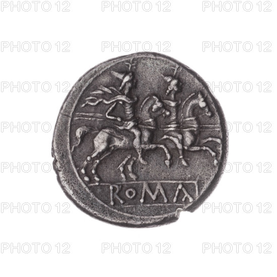 Denarius; obverse: head of Roma wearing helmet facing right, value mark X behind; beaded border. Reverse: Dioscuri galloping right on horses, inscription ROMA in frame; continuous border. After 211 BC. Roman Republic (505–27 BC). Rome. Silver coin. Diameter 19.5 mm; weight 4.29 g; axis 225°.