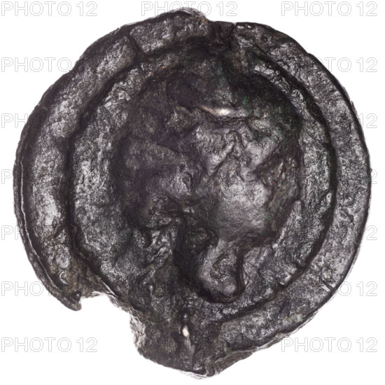 as (aes grave), publisher, Mercury (mythology), heads of the Janus-type Dioscuri, head of Mercury, Dioscuri (mythology), Obv. Heads of the Janus-type Dioscuri with hair tied with a ribbon; above value sign I. Rev. Head of Mercury turned left; above the value mark I., 280–276 BC, Roman Republic (505–27 BC), Rome, coin, diameter 70.5 mm, weight 290.75 g, axis 0 degrees
