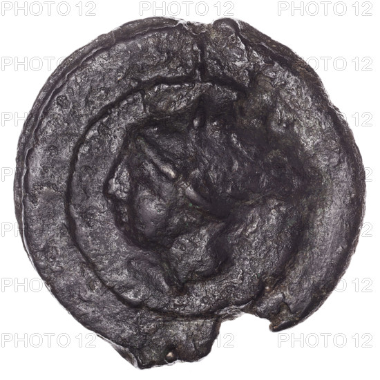 as (aes grave), publisher, Mercury (mythology), heads of the Janus-type Dioscuri, head of Mercury, Dioscuri (mythology), Obv. Heads of the Janus-type Dioscuri with hair tied with a ribbon; above value sign I. Rev. Head of Mercury turned left; above the value mark I., 280–276 BC, Roman Republic (505–27 BC), Rome, coin, diameter 70.5 mm, weight 290.75 g, axis 0 degrees