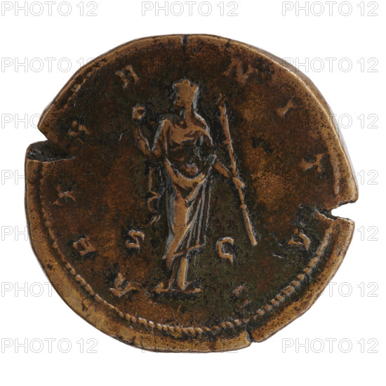 Sestertius, Marcus Aurelius (121–180; Roman emperor 161–180), issuer; Faustina the Younger (ca. 130–176; Roman empress 161–176), posthumously depicted. Obverse: Bust of Faustina II in drapery facing right, inscription DIVA FAV—STINA PIA all around. Reverse: Aeternitas (personification) in a veil stands frontally, turns her head to the left, lifts a fold of the veil with her right hand, holds a long torch; inscription A ETHER—NITAS all around, with SC in fields. Iconography: personifications, scepters, veils. Date: after 176. Culture/place: Roman Empire, Rome. Medium: coin. Diameter: 33.0–34.5 mm. Weight: 29.00 g. Axis: 15°.