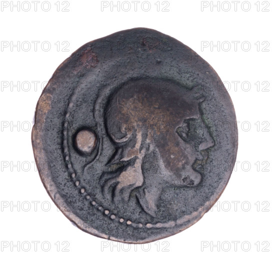 ounce, publisher, ship's prow (iconographic), Roma (mythological), message, helmets, head of Roma (iconographic), Attic helmets, Obv. Head of Roma in an Attic helmet to right; behind her the mark of value o. Pearl border. Rev. Ship's prow to right; above the inscription ROMA; below the mark of value o. Continuous border. 215–212 BC, Roman Republic (505–27 BC), Rome, coin, diameter 22.5 mm, weight 8.73 g, axis 90 degrees