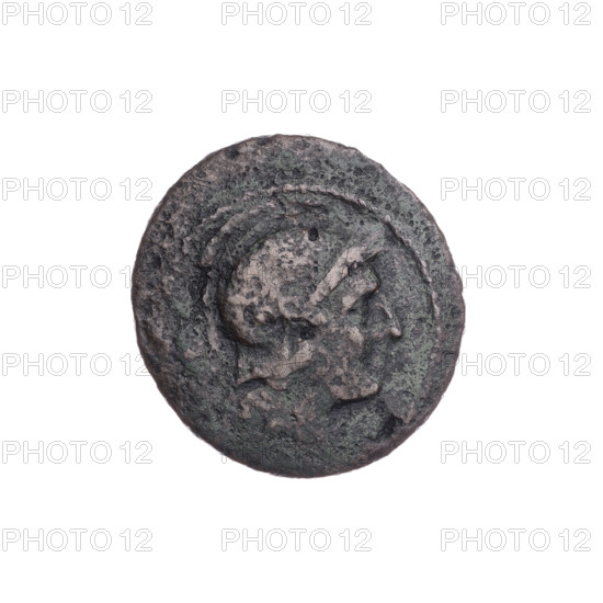 Obv. Head of Roma in an Attic helmet facing right; behind her the mark of value o. Pearl border. Rev. Ship's prow facing right; above the inscription R, M; below the value mark o. Attic helmet, ship's prow (iconographic). 215–212 BC, Roman Republic (505–27 BC). Rome. Coin; diameter 22.5 mm, weight 6.72 g, axis 135°. Maker: Bronislaw Sabat (1871–1953).