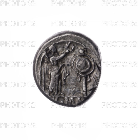 Victoria, publisher, Jupiter (mythology), head of Jupiter, Semerau-Siemianowski, Wladyslaw (1849-1938), laurel wreath (attribute), Wiktoria (personification), trophies, Kultura + 2012/2013 - visual documentation, Wiktoria crowning, Obv. Head of Jupiter in a laurel wreath at right. Pearl border. Reverse. Wiktoria crowning the trophy turned at right; under the line the inscription, MA. Continuous border. 211 BC, Roman Republic (505-27 BC), Rome, coin, diameter 15.5 mm, weight 3.35 g, axis 225 deg.