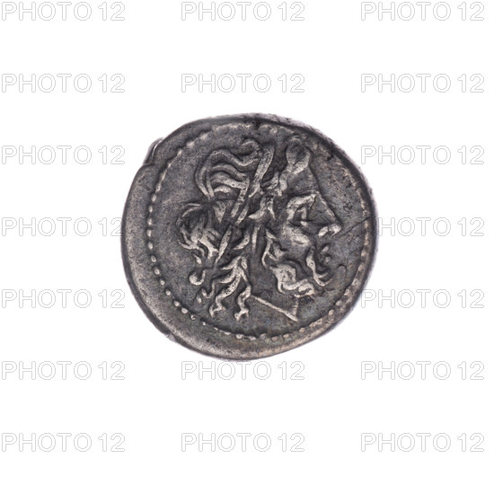 Jupiter (mythology), head of Jupiter, laurel wreath (attribute), Victoria (personification), trophies, Crowning Victoria. Obv. Head of Jupiter in laurel wreath at right. Beaded border. Rev. Victoria crowning the trophy facing right; inscription ROMA under the line. Continuous border. 211 BC, Roman Republic (505–27 BC), Rome. Coin, dia. 16.3 mm, weight 2.78 g, axis 315 degrees