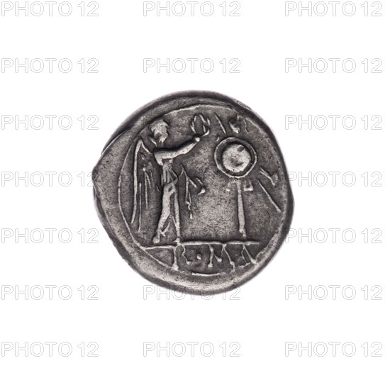 Jupiter (mythology), head of Jupiter, laurel wreath (attribute), Victoria (personification), trophies, Crowning Victoria. Obv. Head of Jupiter in laurel wreath at right. Beaded border. Rev. Victoria crowning the trophy facing right; inscription ROMA under the line. Continuous border. 211 BC, Roman Republic (505–27 BC), Rome. Coin; dia. 16.3 mm; weight 2.78 g; axis 315 degrees.