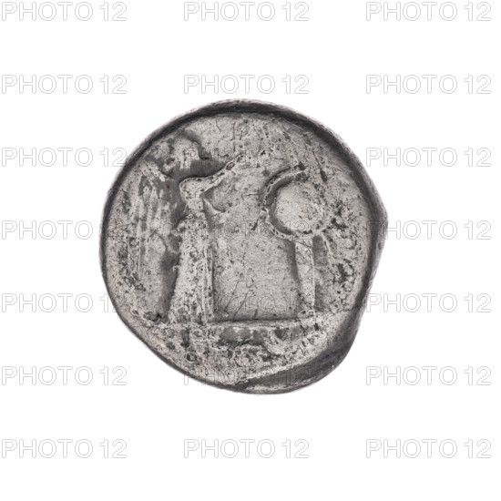 Victoria (personification); Jupiter (mythology) — Obverse: Head of Jupiter in a laurel wreath facing right. Reverse: Victoria crowning a trophy turned to the right; under the line the inscription. Bronze coin, 211 BC, Roman Republic (505–27 BC), Rome; diameter 16.0 mm, weight 2.70 g, axis 225°. Maker: Wladyslaw Semerau-Siemianowski (1849–1938)