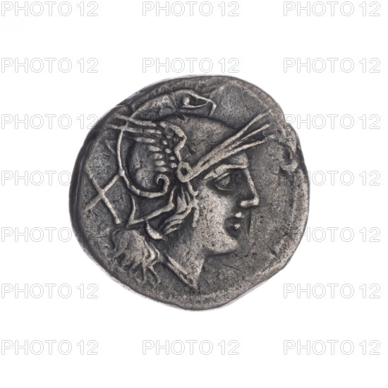 Denarius, 211 BC, Roman Republic (505–27 BC). Obverse: Head of Roma wearing a helmet facing right; behind it the sign of value X. Beaded border. Reverse: Dioscuri (Castor and Pollux) on horseback to the right; below, in a tablet, the inscription ROMA. Continuous border. Coin; diameter 19.2 mm; weight 3.62 g; axis 225°.