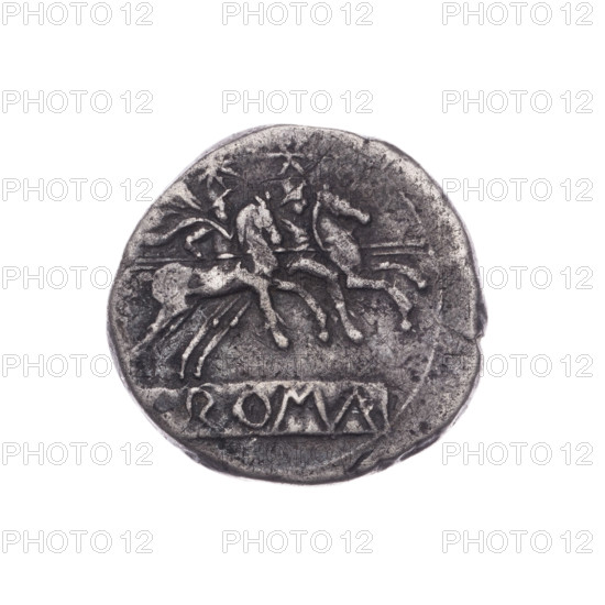 Denarius; obverse: head of Roma in helmet right, behind it the sign of value X, beaded border. Reverse: Dioscuri on horseback right; below in a tablet the inscription ROMA, continuous border. 211 BC, Roman Republic (505–27 BC). Rome. Silver coin; dia. 19.2 mm; weight 3.62 g; axis 225°.