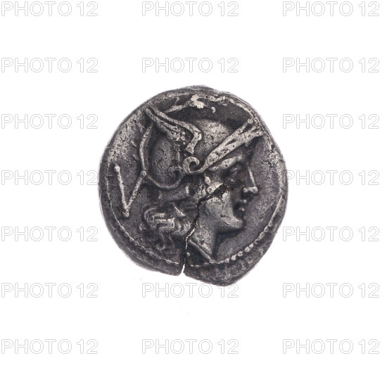 Quinary (publisher), Dioscuri on horses, Dioscuri (mythology), Roma (mythology). Obv. Head of Roma in a helmet facing right; behind her the mark of value V. Pearl border. Rev. Dioscuri on horses to the right; below in a frame the inscription ROMA. Continuous border. 211 BC, Roman Republic (505–27 BC), Rome. Coin; diameter 15.5 mm, weight 1.92 g, axis 90 degrees.