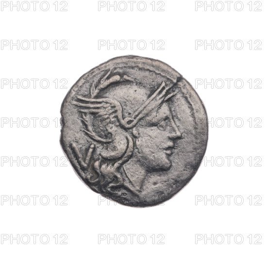 Obv. Head of Roma in a helmet to right; behind her the mark of value V. Pearl border. Rev. Dioscuri on horses to right; below in a frame the inscription ROMA. Continuous border. Quinary; publisher; Dioscuri on horses; Dioscuri (mythology); Roma (mythology); horses; helmets. Date: 211 BC, Roman Republic (505–27 BC). Coin from Rome. Diameter 15.5 mm; weight 1.92 g; axis 270°. Maker: Bronislaw (1871–1953).
