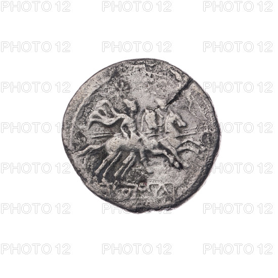 Obv. Head of Roma in a helmet to the right; behind her the mark of value V. Pearl border. Rev. Dioscuri on horses to the right; below in a frame the inscription ROMA. Continuous border. Quinary, publisher, Dioscuri on horses, Dioscuri (mythology), Roma (mythology), horses, helmets. 211 BC, Roman Republic (505–27 BC), Rome. Coin, diameter 15.5 mm, weight 1.92 g, axis 270°.
