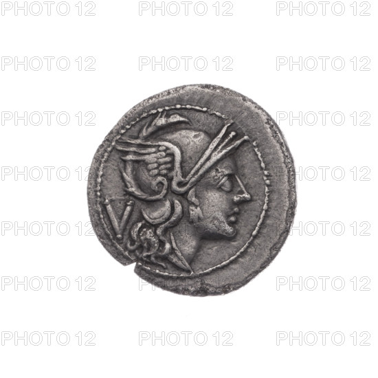 Quinary (coin), 211 BC, Roman Republic (505–27 BC). Obverse: head of Roma wearing helmet facing right; behind it the sign of value V. Beaded border. Reverse: Dioscuri (mythological twin horsemen) on horseback facing right; below, within a frame, inscription ROMA. Continuous border. Rome. Coin; diameter 16.9 mm, weight 2.02 g, axis 90 degrees.