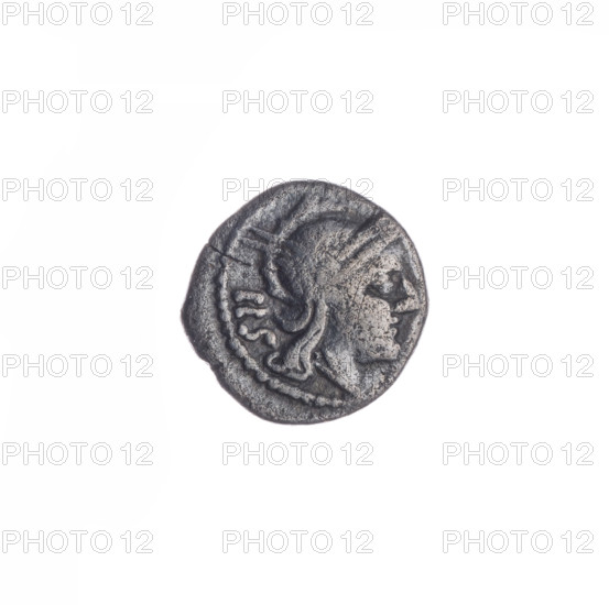 Sestertius; obverse: head of Roma in a helmet facing right; behind it the value mark IIS; pearl border. Reverse: Dioscuri on horses to the right; below in a frame the inscription ROMA; continuous border. Subjects: Dioscuri (mythology), Roma (mythology). Material: coin. Date: 211 BC, Roman Republic (505–27 BC). Place: Rome. Measurements: diameter 12.1 mm; weight 0.96 g; axis 225°. Features: horses, helmets.