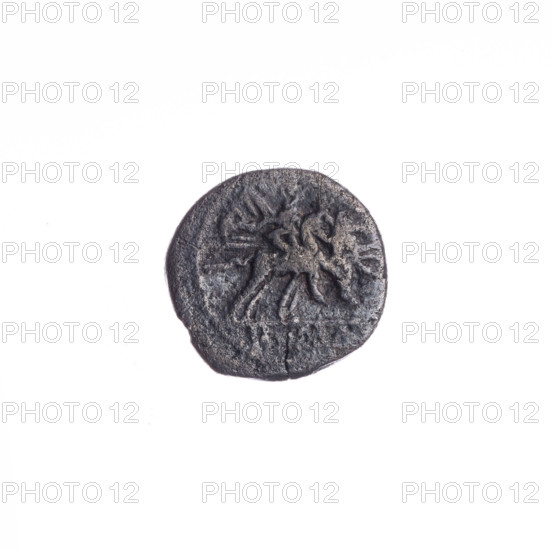 Sestertius; obverse: head of Roma in a helmet right; behind it the value mark IIS. Pearl border. Reverse: Dioscuri on horses right; below in a frame the inscription ROMA. Continuous border. 211 BC. Roman Republic (505–27 BC). Rome. Coin; diameter 12.1 mm; weight 0.96 g; axis 225°. Subjects: Dioscuri (mythology), Roma (mythology); horses; helmets.