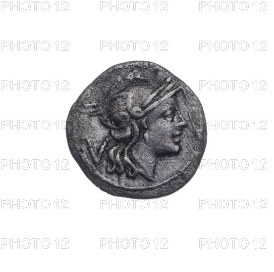 Quinary, publisher; Dioscuri on horses; Dioscuri (mythology); Roma (mythology). Obverse: head of Roma in a helmet right; behind it the mark of value V. Pearl border. Reverse: Dioscuri on horses right; below in a frame the inscription ROMA. Continuous border. 211 BC. Roman Republic (505–27 BC). Rome. Coin. Diameter 15.2 mm; weight 1.91 g; axis 315°.